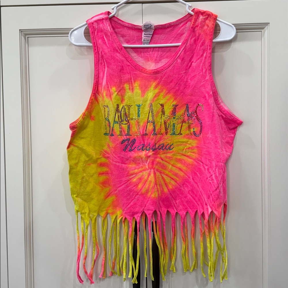 Bahamas Nassau Pink and Yellow Tie Dye with Fringe Tank Top women’s Medium.